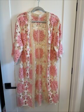 Do everything in Love Pink and Cream Crochet Kimono Top